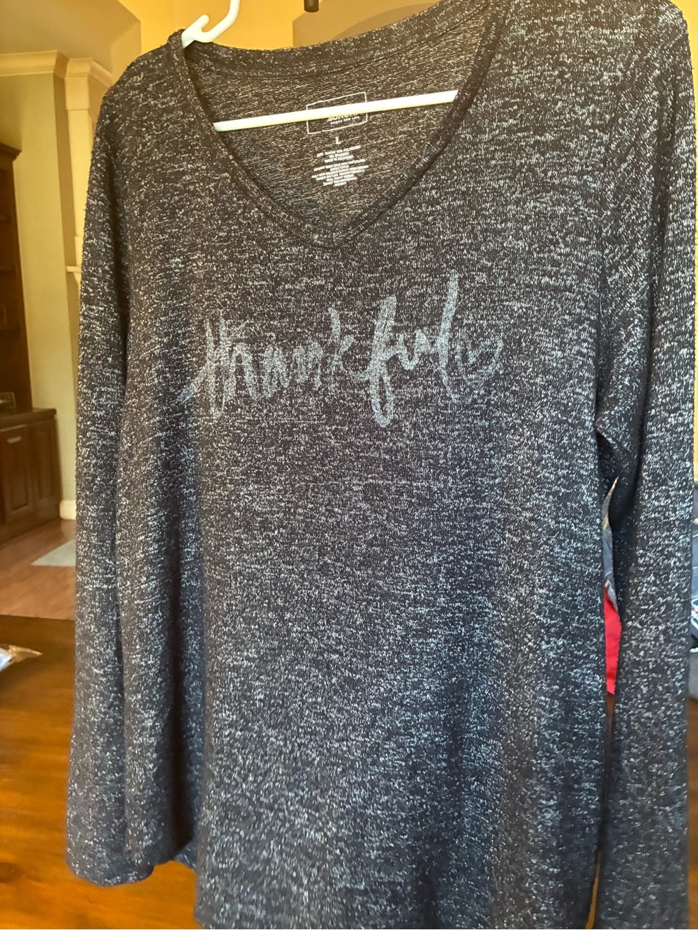 Sonoma Women’s Heathered Black 'Thankful' V-Neck Long Sleeve Top